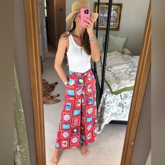 LOFT Pants - NWT Loft Breezy Wide Leg Pants in Can Print Size Medium Red Silky Pull on